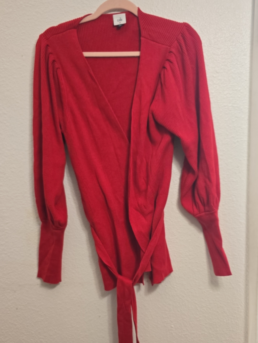 CAbi Red Ribbed Wrap Cardigan with Tie Waist